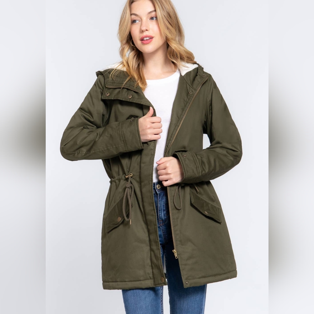 Black Fleece Lined Button Down Jacket w/ Fur Hood Women